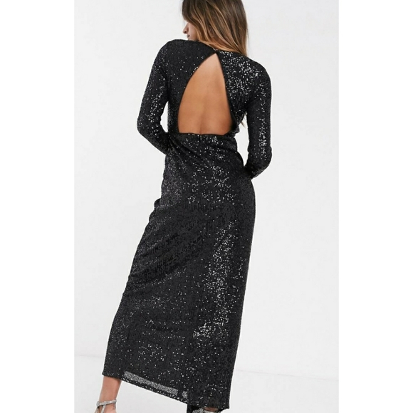 TFNC ASOS Black Sequin Long Sleeve Dress Gown - Picture 2 of 4